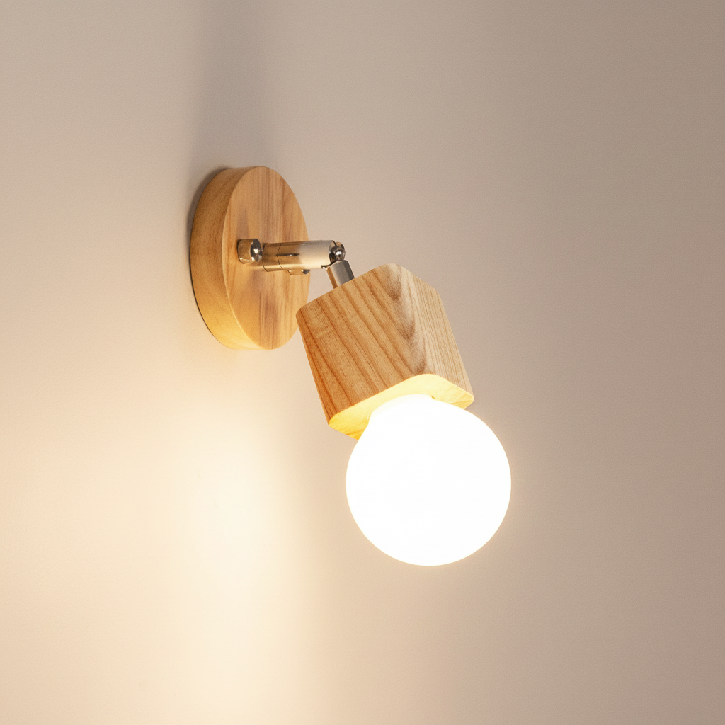 Applique Murale LED Carrée Globe en Bois Naturel et Métal Scandinave Moderne
